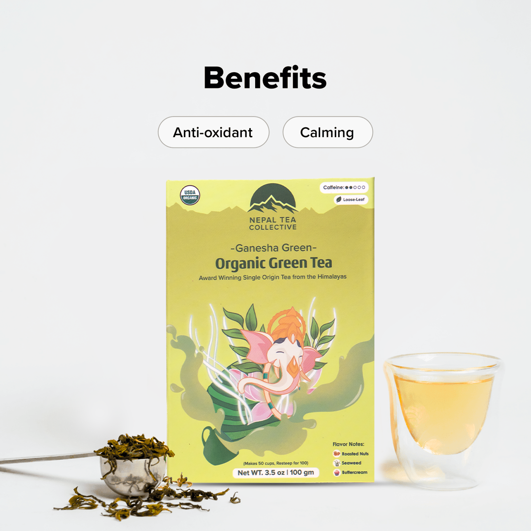 Ganesha Green - Organic Green Tea by Nepal Tea, showing loose leaf green tea in a natural setting