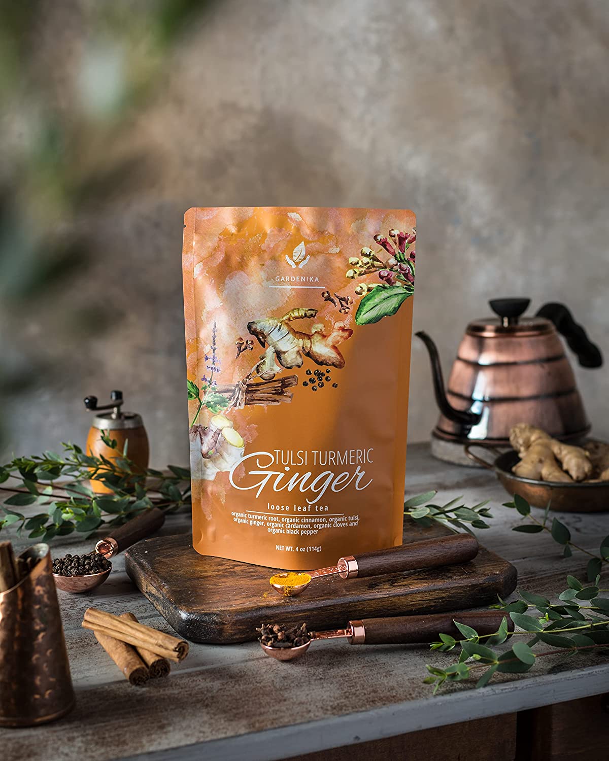 Gardenika Turmeric Ginger Tulsi Chai Loose Tea, Ayurvedic Anti-Inflammatory Blend - Caffeine Free - 55+ Cups - USDA Organic & Kosher - 4 oz (113g)