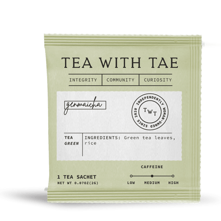 Tea with Tae Genmaicha 50 ct. Overwrap Bag featuring 50 individually-wrapped tea pyramid sachets in recyclable packaging.