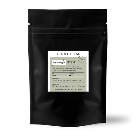 Tea with Tae Genmaicha (Traditional Japanese Green Tea) 5ct. Pouch, featuring pyramid sachets for fresh and flavorful tea.