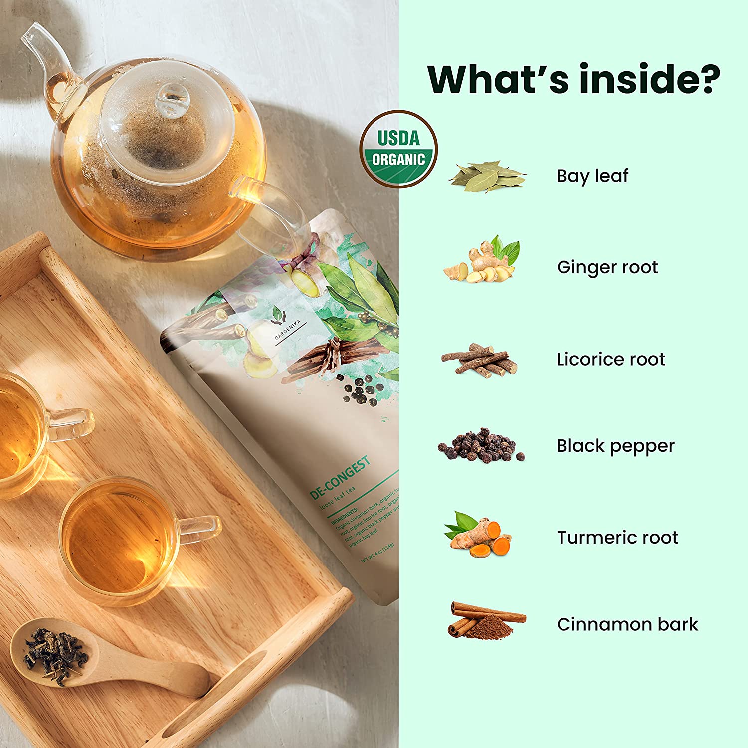 Gardenika Decongest Loose Leaf Tea, Organic, Kosher, Herbal & Caffeine-Free - 4 oz (114g)