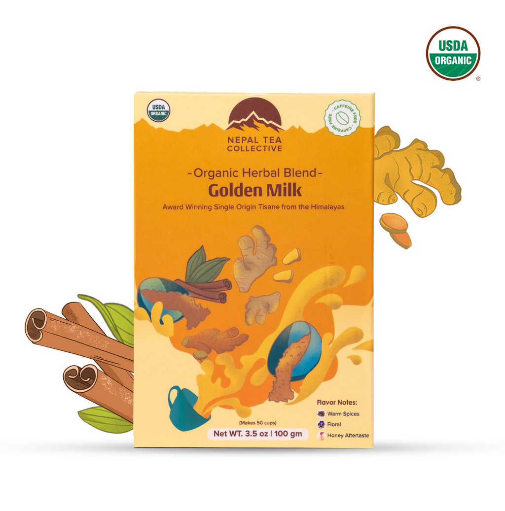Organic Golden Milk by Nepal Tea in a bowl, featuring a yellow blend of turmeric and cinnamon, with a rustic background.