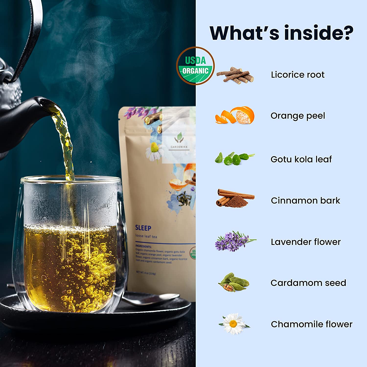 Gardenika Sleep Calm Loose Leaf Herbal Tea with Chamomile, USDA Organic, Kosher, Caffeine Free - 4 oz (114g)