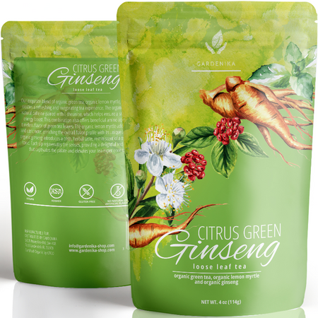 Gardenika Green Lemon Ginseng Tea, Loose Leaf, USDA Organic, Kosher – 4 Oz (113g) package with herbal ingredients shown.