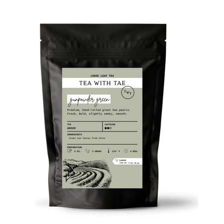 Tea with Tae Gunpowder Green Loose Leaf Tea Pouch (3oz or 1lbs) featuring rolled green tea pellets in a resealable pouch.