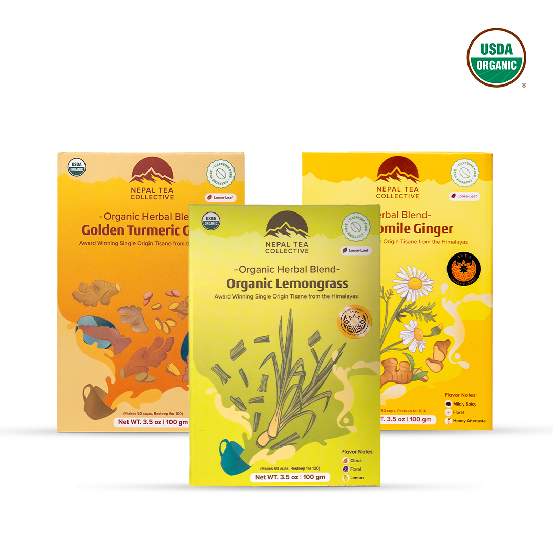 Herbal Tea Bundle by Nepal Tea features packets of Chamomile Ginger, Golden Turmeric Ginger, and Organic Lemongrass teas.