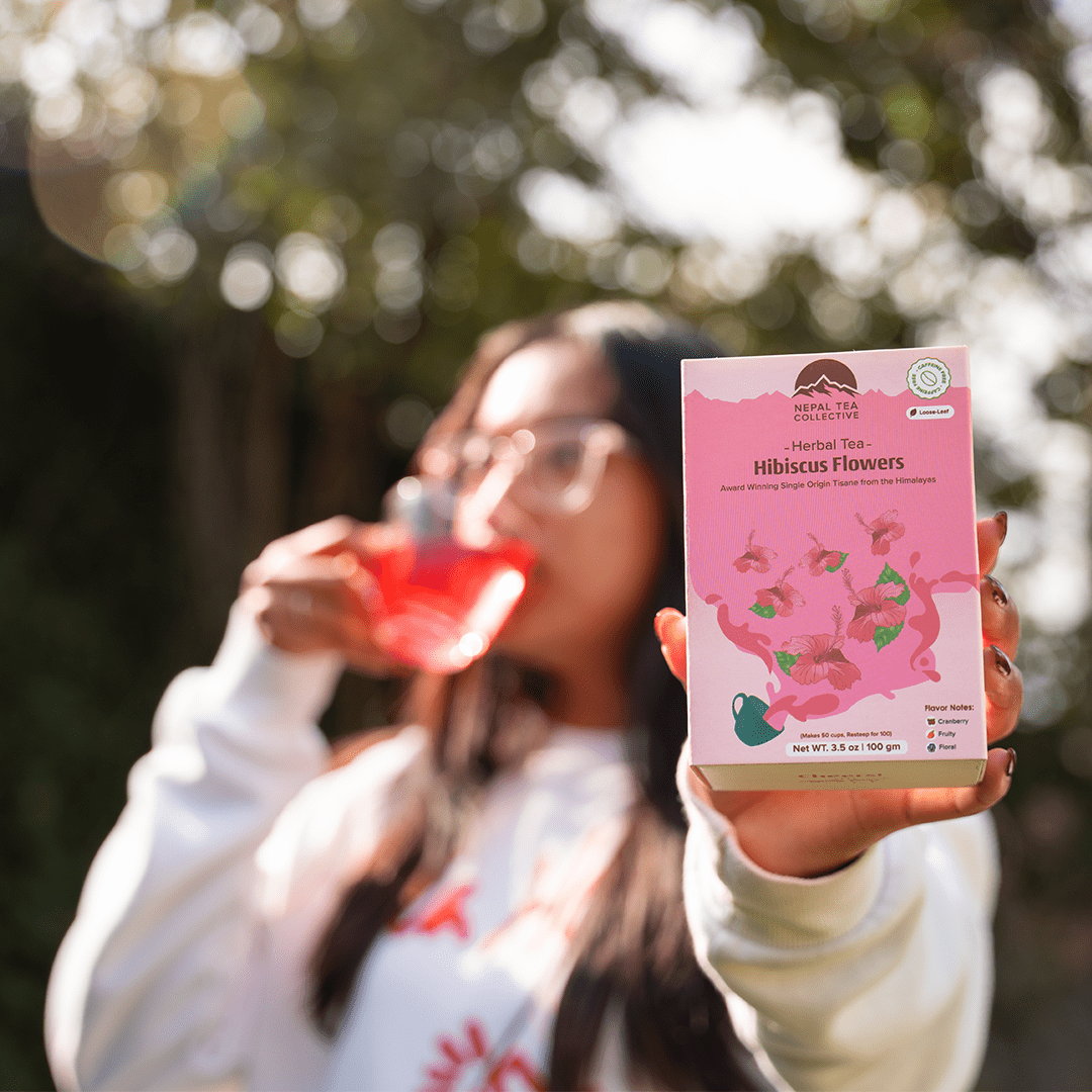 Hibiscus by Nepal Tea, showing dried hibiscus flowers in a clear image