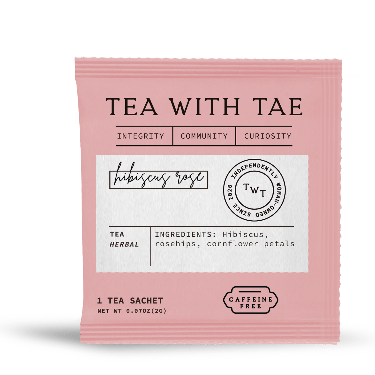 Tea with Tae Hibiscus Rose 50 ct. Overwrap Bag featuring individually-wrapped tea bags in a recyclable bulk package.