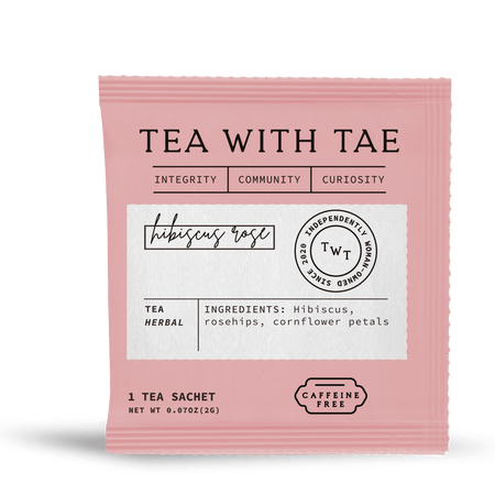 Tea with Tae Hibiscus Rose 50 ct. Overwrap Bag featuring individually-wrapped tea bags in a recyclable bulk package.