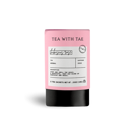 Tea with Tae Hibiscus Rose Mini Tea Tube (5 tea bags) showcasing eco-friendly tea sachets in a travel-friendly design.