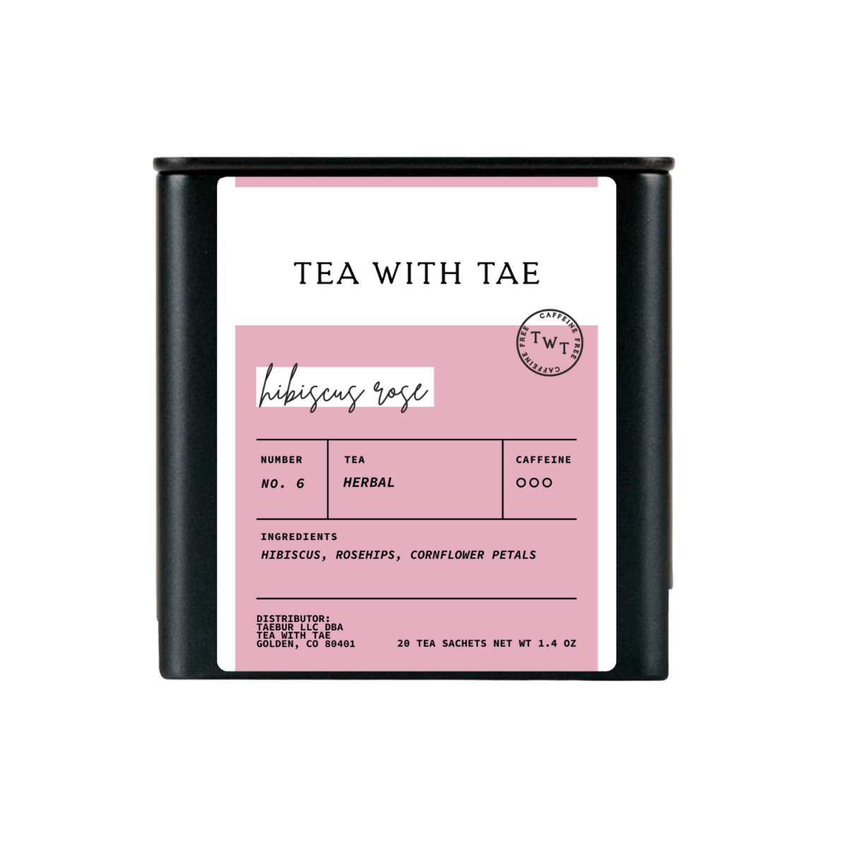 Tea with Tae Hibiscus Rose Tea Tin Gift (20 tea sachets) featuring a large tin containing biodegradable tea sachets.