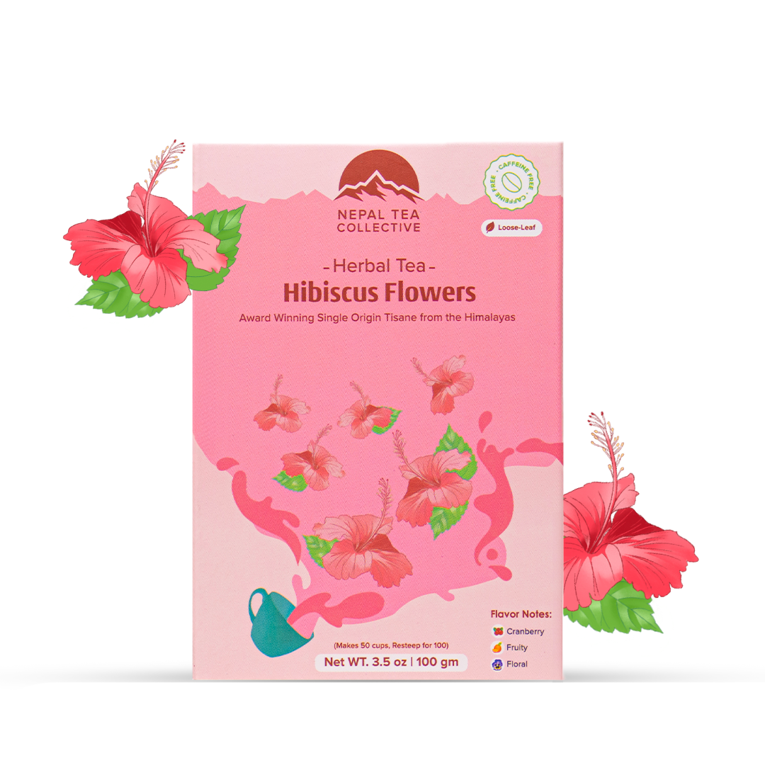 Hibiscus Tea by Nepal Tea, featuring vibrant pink hibiscus petals, known for its tangy flavor and bold color.