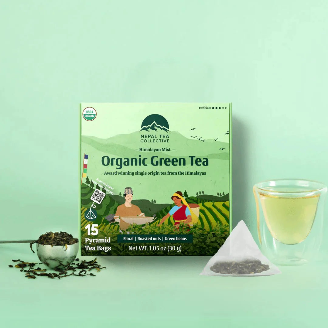 Himalayan Mist (Special Green Tea) - 15 Pyramid Tea Bags by Nepal Tea, showcasing the tea bags in their packaging.