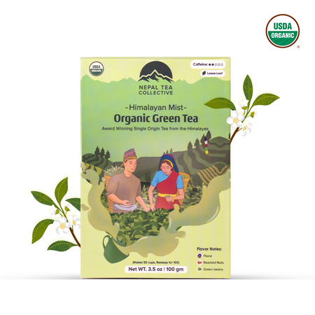 Himalayan Mist (Kanchanjangha Verde) green tea by Nepal Tea, showcasing its packaging and labeling