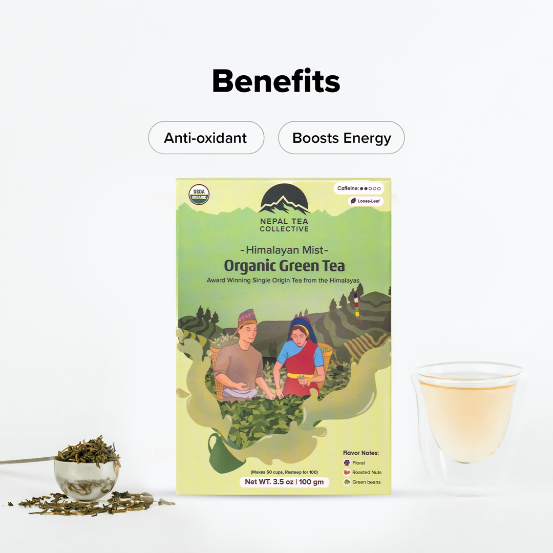 Himalayan Mist (Kanchanjangha Verde) by Nepal Tea, showing loose tea leaves in a natural setting