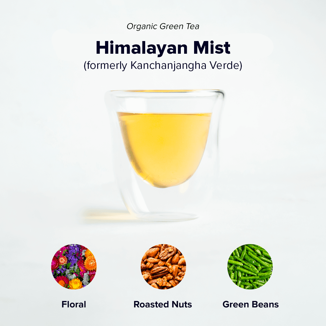 Himalayan Mist (Kanchanjangha Verde) tea leaves from Nepal Tea in a packaging display, showcasing the product design.