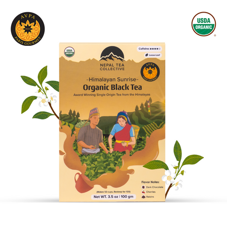 Himalayan Sunrise (Kanchanjangha Noir) black tea by Nepal Tea, showcasing its packaging with a rich, dark color.