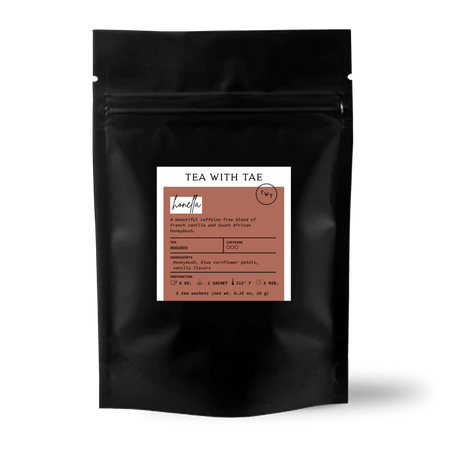 Tea with Tae Honella 5ct. Pouch featuring 5 pyramid sachets of caffeine-free honeybush tea with French vanilla and cornflower petals.