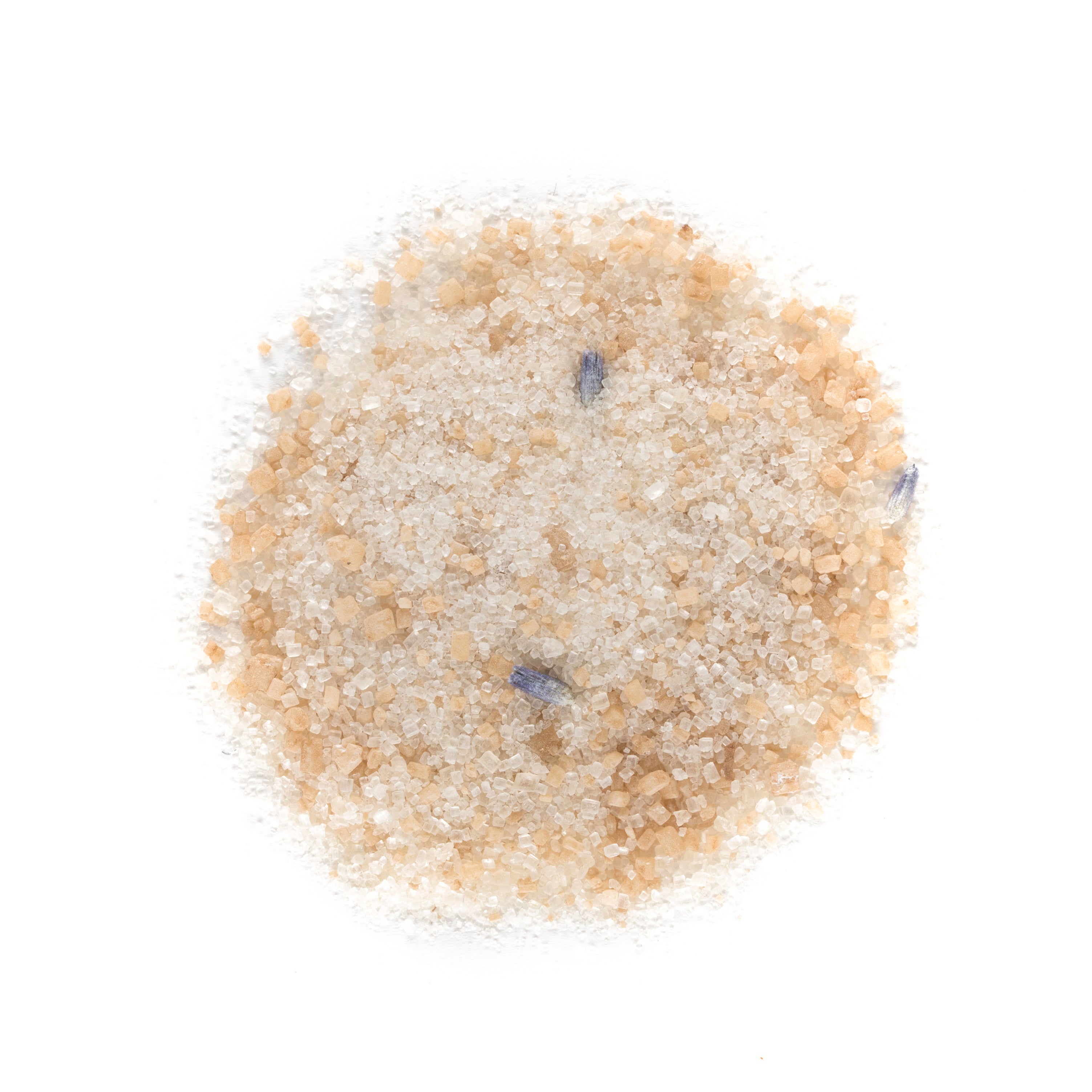 Pinky Up Lavender Sugar in a clear container, featuring lavender flowers and a decorative label, shown on a neutral background.