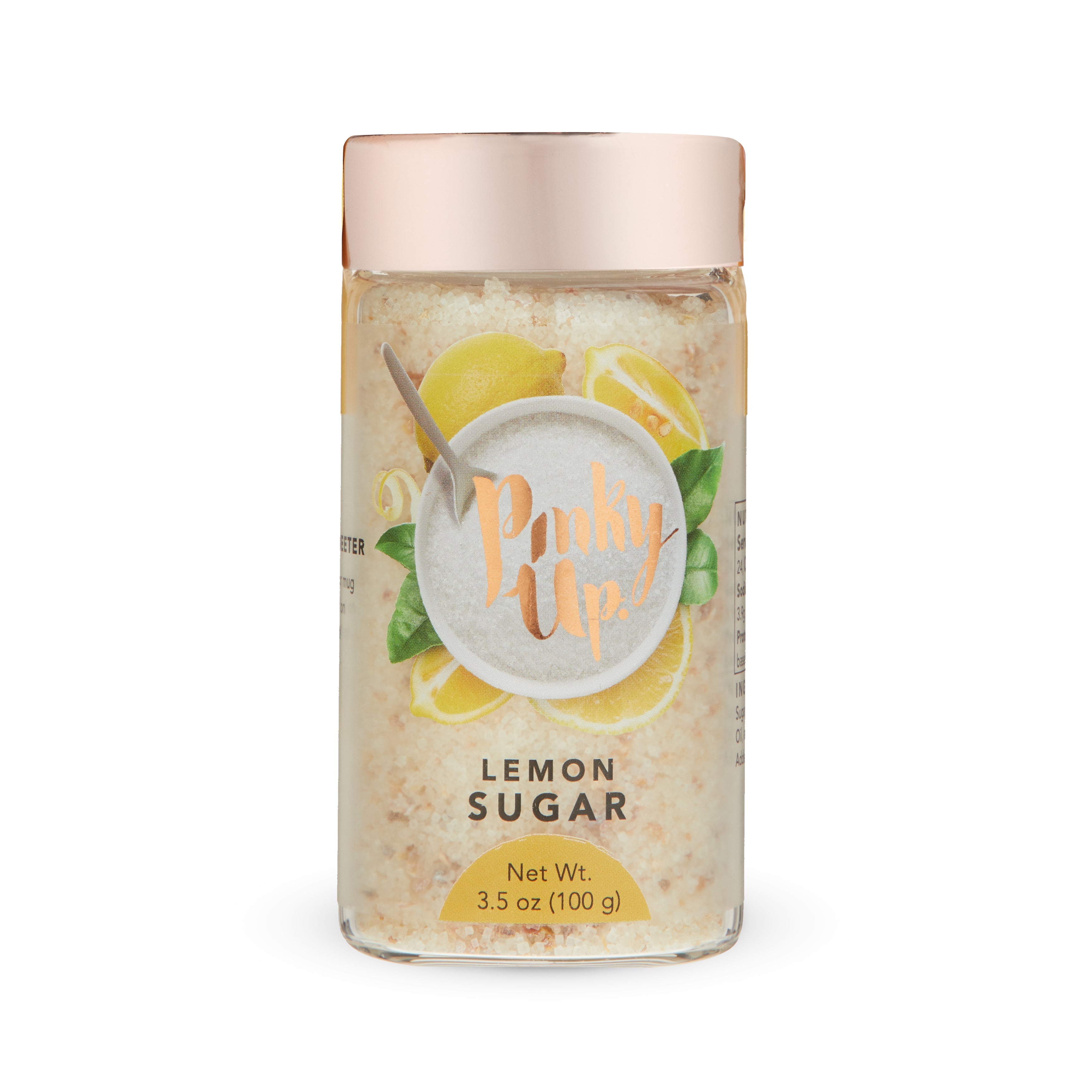 Pinky Up Lemon Sugar in a 3.5 oz package, a blend for enhancing tea with citrus flavor and sweetness.