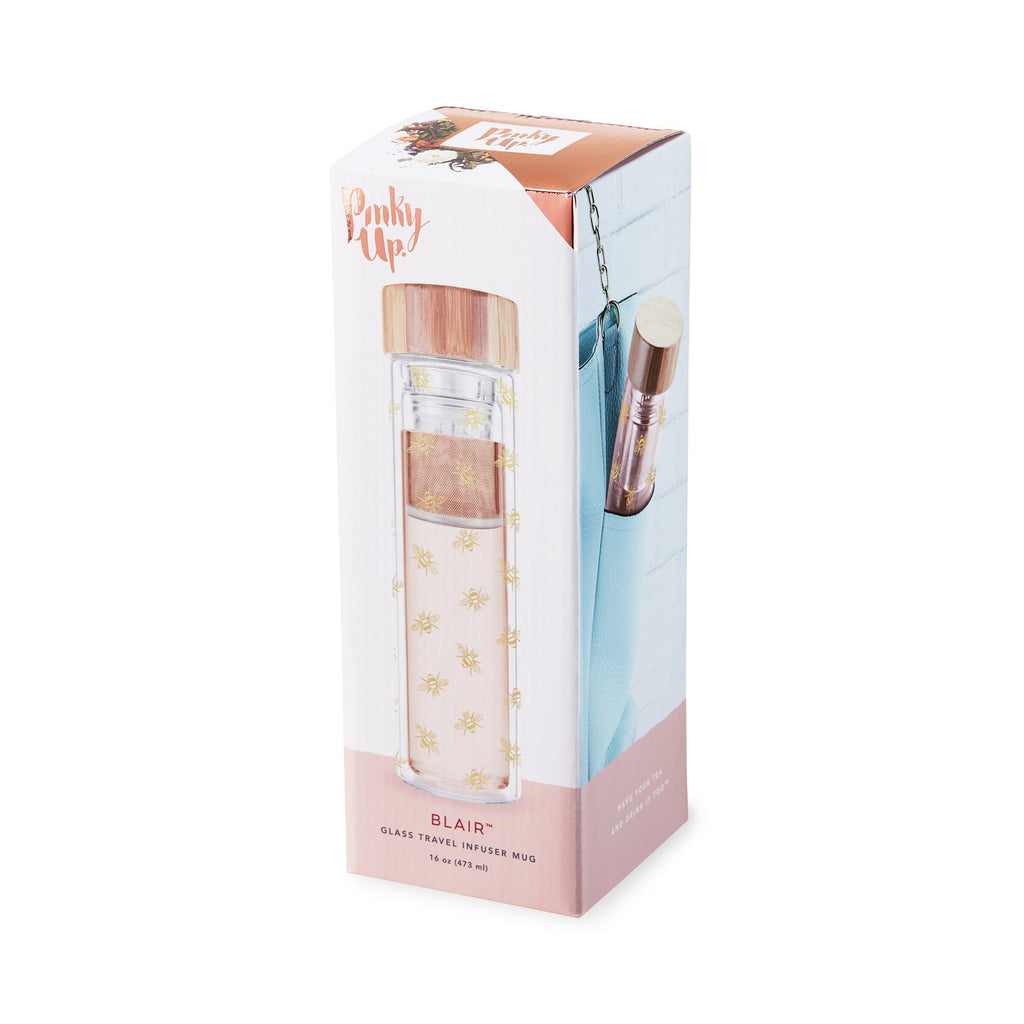 Pinky Up Blair Bee Glass Travel Infuser Mug with a honeycomb design and removable infuser for tea brewing on-the-go.