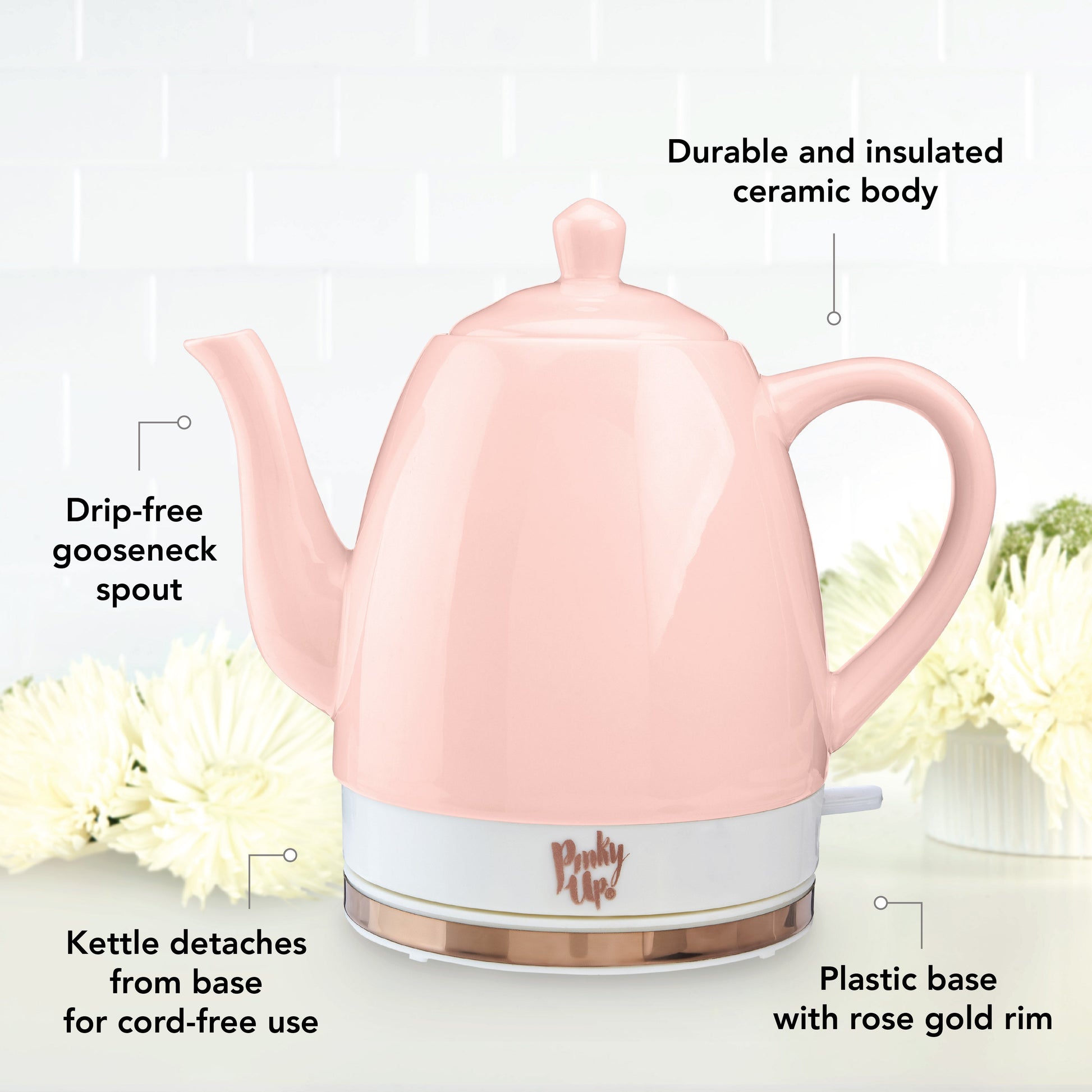 Pinky Up Noelle™ Pink Ceramic Electric Tea Kettle