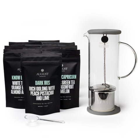 August Top 10 Iced Teas - Enjoy Ten Unique Iced Tea Flavors, includes 15 cup bags and an iced tea brewer in charcoal color.