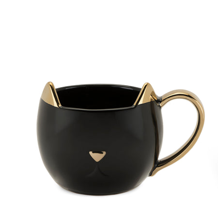 Pinky Up Chloe Black Cat Mug, 12 oz. ceramic cup with metallic finish, ideal for tea and coffee. Hand wash only.