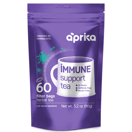 Aprika Life Immune System Support Herbal Tea, 60 Bags, shown in packaging with herbs, promoting wellness and immune health.