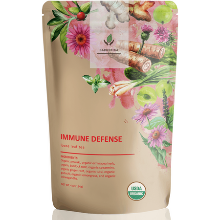 Gardenika Immunity Loose Leaf Herbal Tea, USDA Organic, Kosher, Caffeine-Free - 4 oz (114g) package displayed.