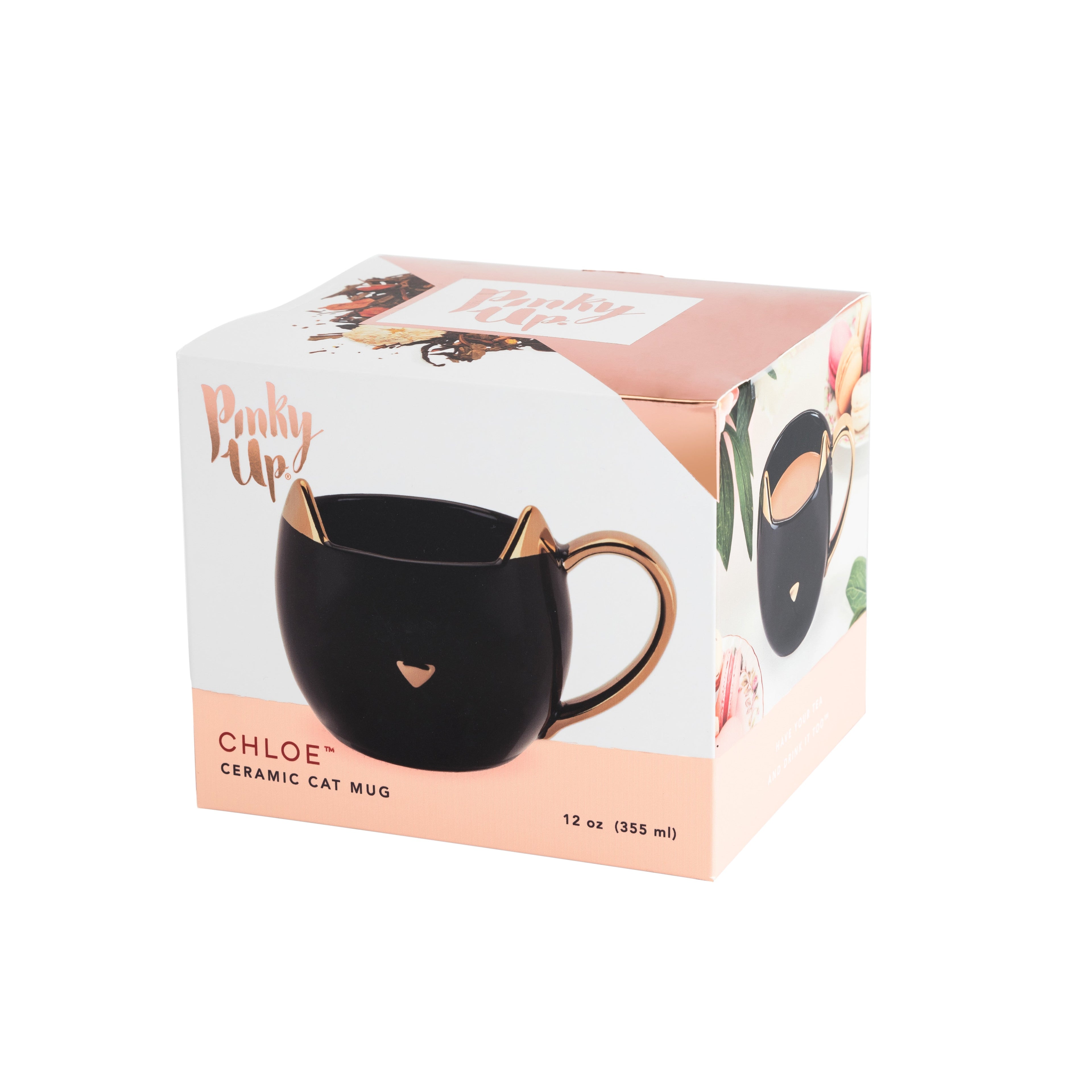 Pinky Up Chloe Black Cat Mug featuring a black cat design, ideal for cat lovers and coffee enthusiasts.