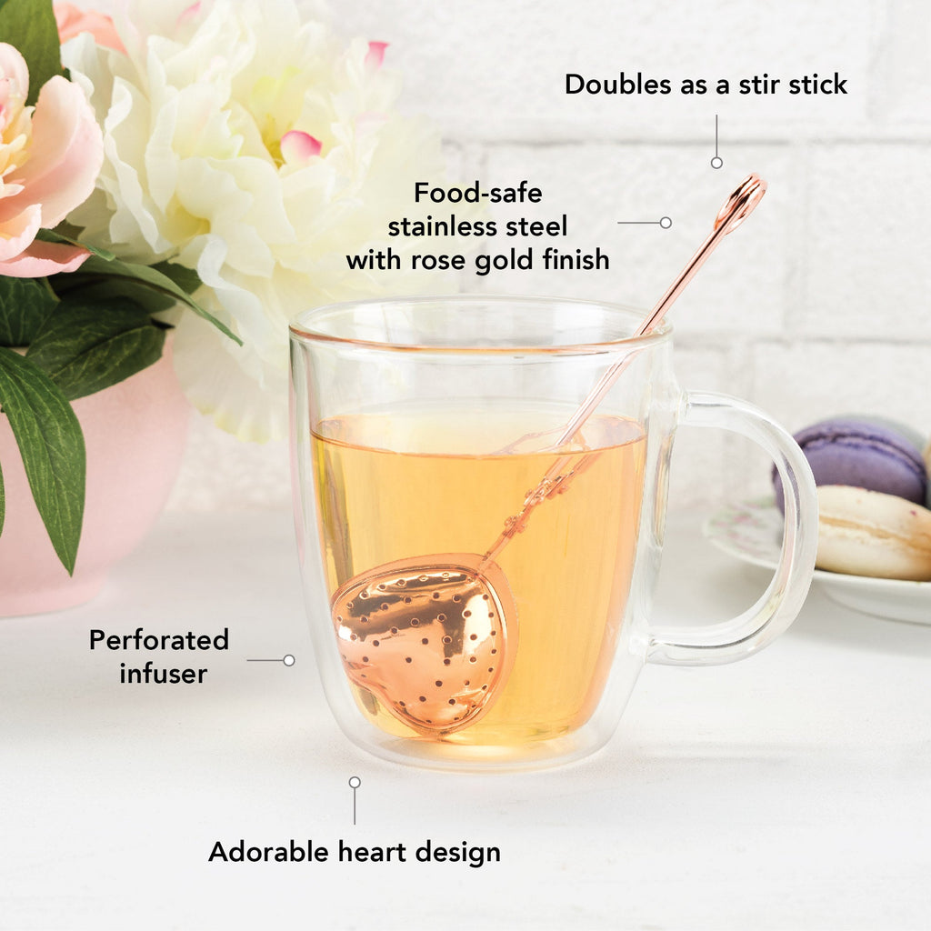 Pinky Up Rose Gold Heart Tea Infuser, a heart-shaped tea infuser in rose gold, designed for brewing loose leaf tea.
