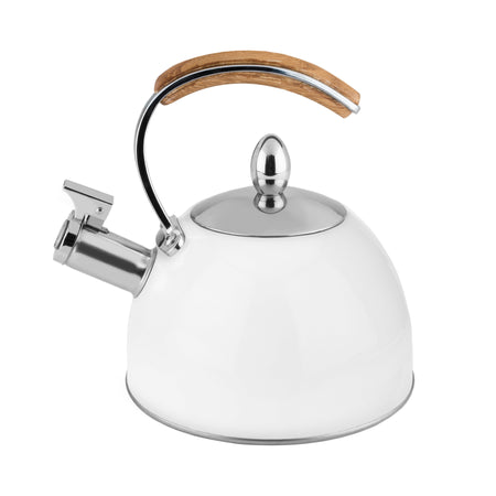 Pinky Up Presley White Tea Kettle, 70 oz capacity, features a heat-resistant handle and whistles when water is boiling.