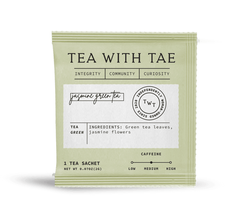 Tea with Tae Jasmine Green 50 ct. Overwrap Bag containing 50 individually-wrapped tea pyramid sachets for single-serve enjoyment.