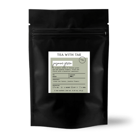 Tea with Tae Jasmine Green Tea 5ct. Pouch, featuring 5 biodegradable pyramid sachets of jasmine-infused green tea.
