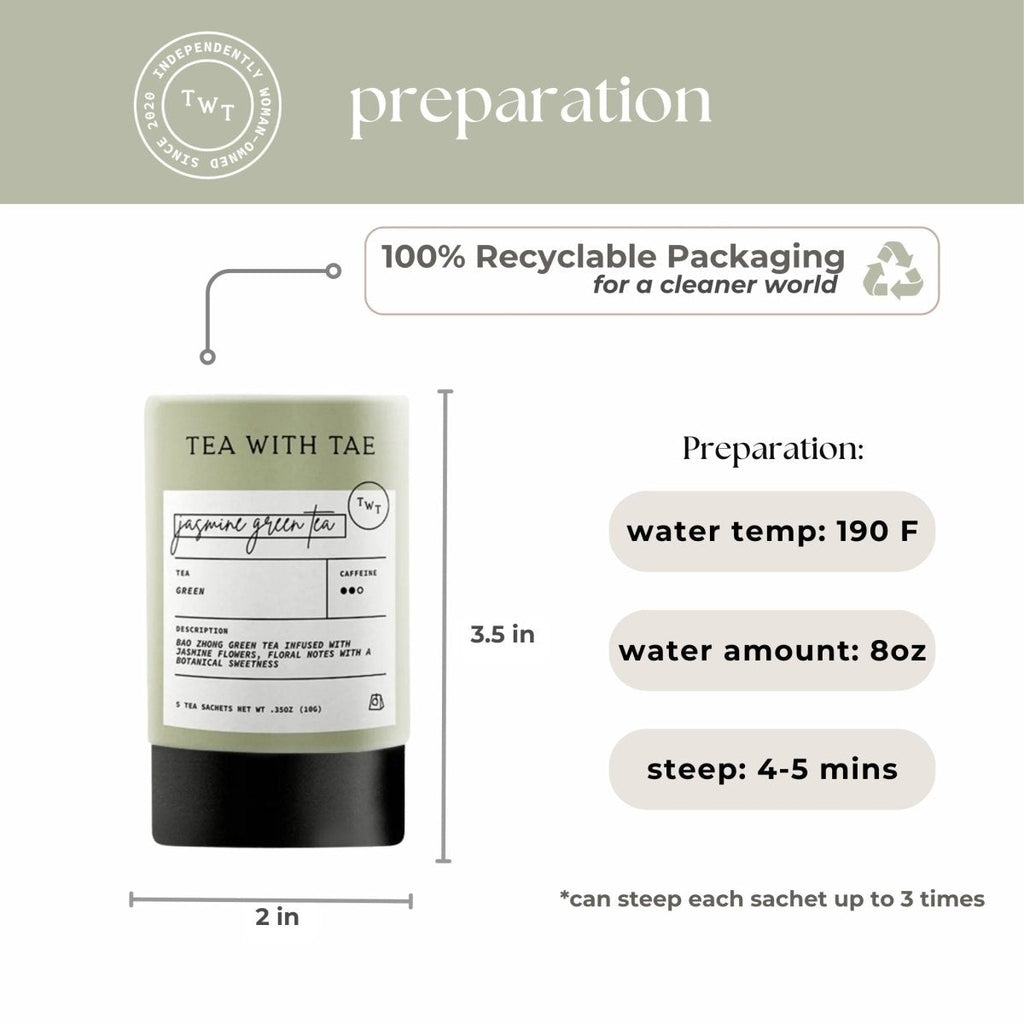 Tea with Tae Jasmine Green Tea Mini Tea Tube (5 tea bags) in a clear tube packaging, displayed on a neutral background.