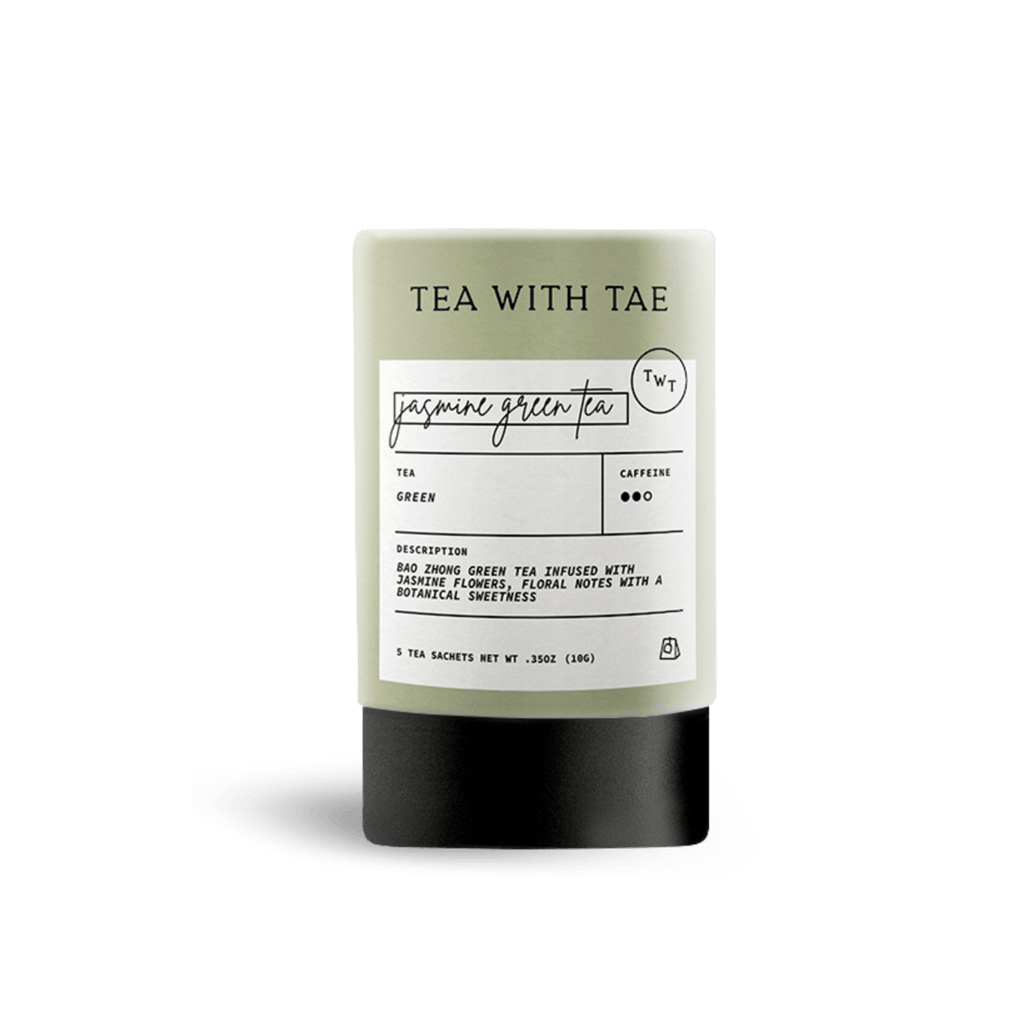 Tea with Tae Jasmine Green Tea Mini Tea Tube (5 tea bags) featuring eco-friendly sachets with jasmine-infused green tea.