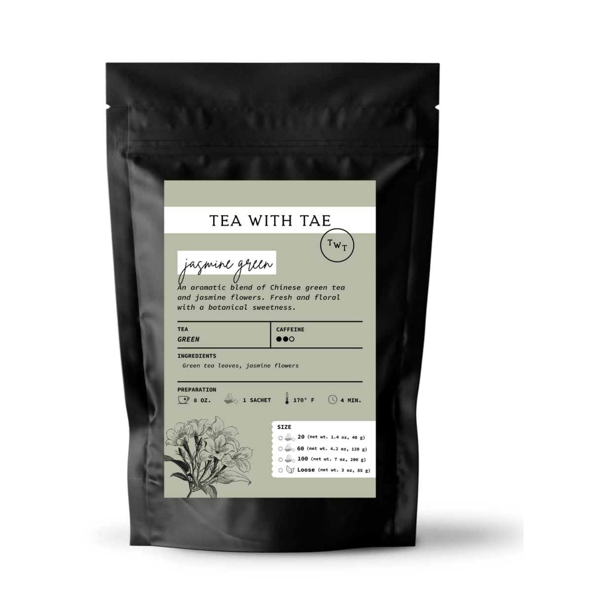Tea with Tae Jasmine Green Tea Pouch, a green tea pouch featuring jasmine flavor, by Tea with Tae