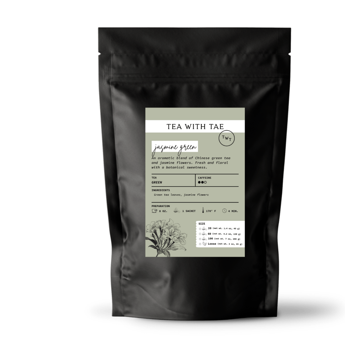 Tea with Tae Jasmine Green Tea Pouch, a green tea product in a pouch with a floral design, by Tea with Tae.