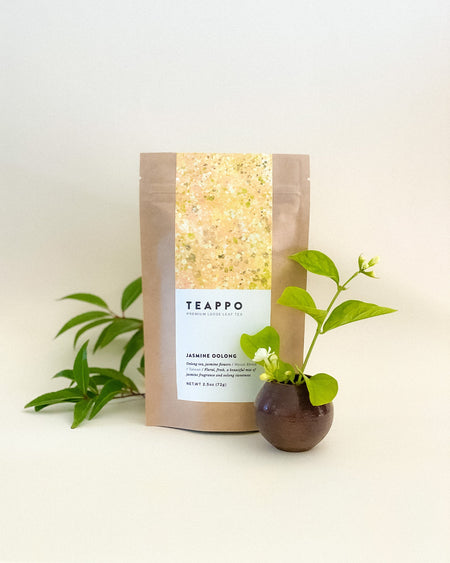 Teappo Jasmine Oolong, 2.5 oz. package, featuring oolong tea and jasmine flowers, displayed in a product photo.