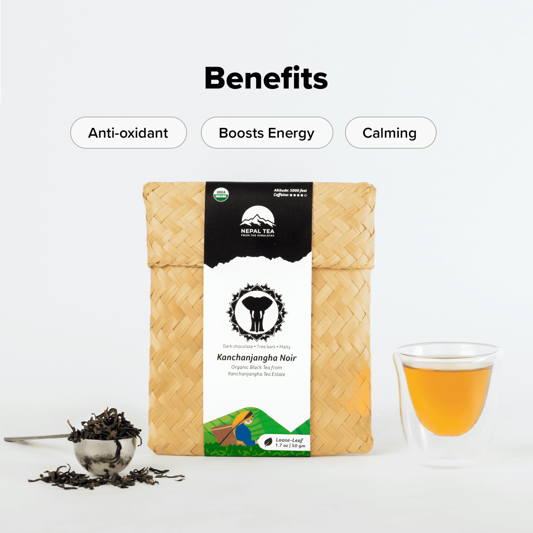 Himalayan Sunrise (Kanchanjangha Noir) premium black tea by Nepal Tea in a package, featuring dark, rich tea leaves.
