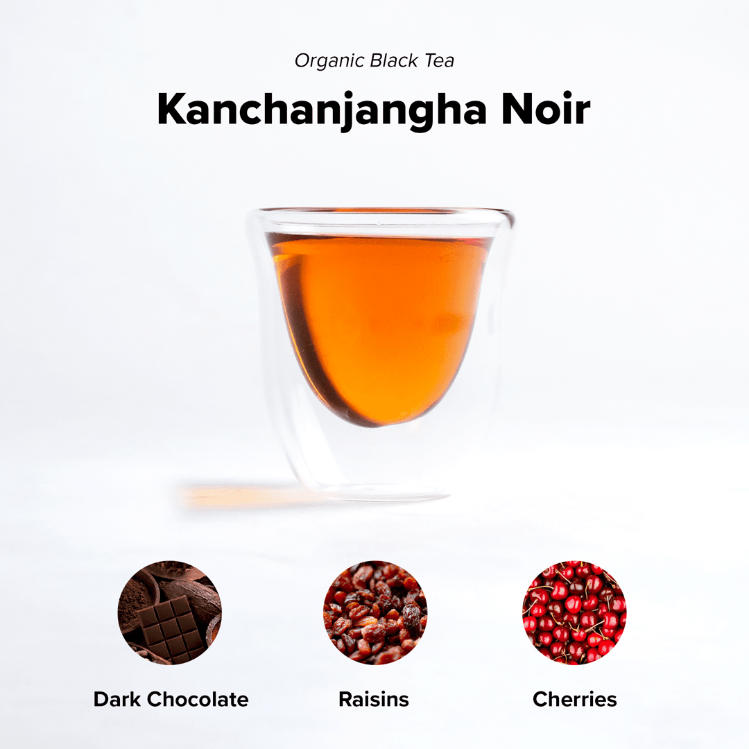 Himalayan Sunrise (Kanchanjangha Noir) premium black tea by Nepal Tea in a package, showcasing its rich color and texture.