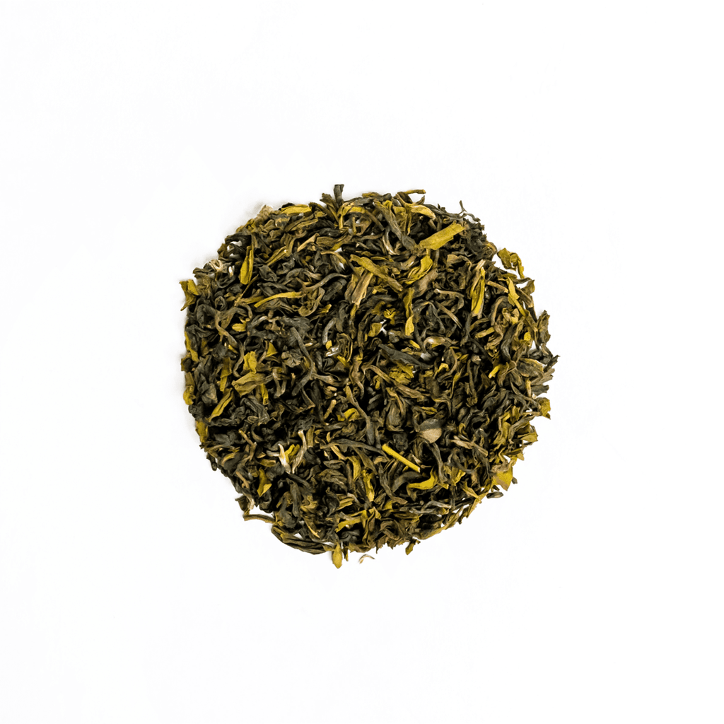 Himalayan Mist (Kanchanjangha Verde) green tea leaves in a loose form, provided by Nepal Tea