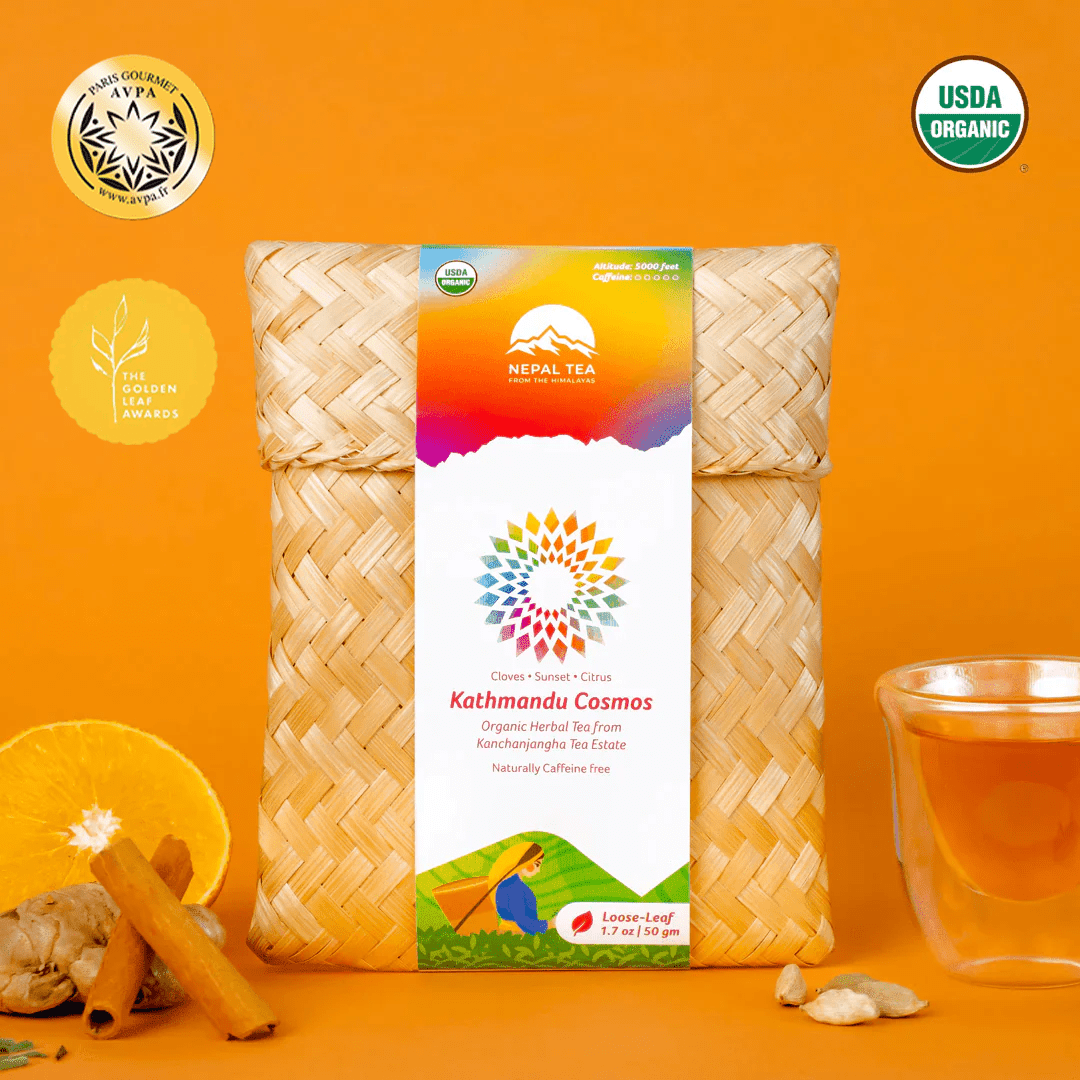 Kathmandu Cosmos (Naturally DECAF | Caffeine Free) by Nepal Tea, displayed in a tea packaging or canister.