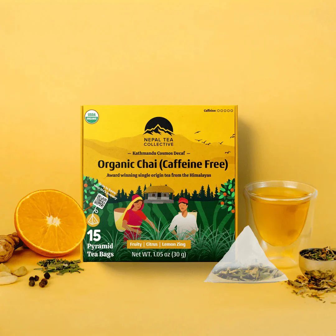 Kathmandu Cosmos (Unique Herbal Chai) - 15 Pyramid Tea Bags by Nepal Tea, featuring a blend of ginger, cardamom, orange peel, and lemongrass.