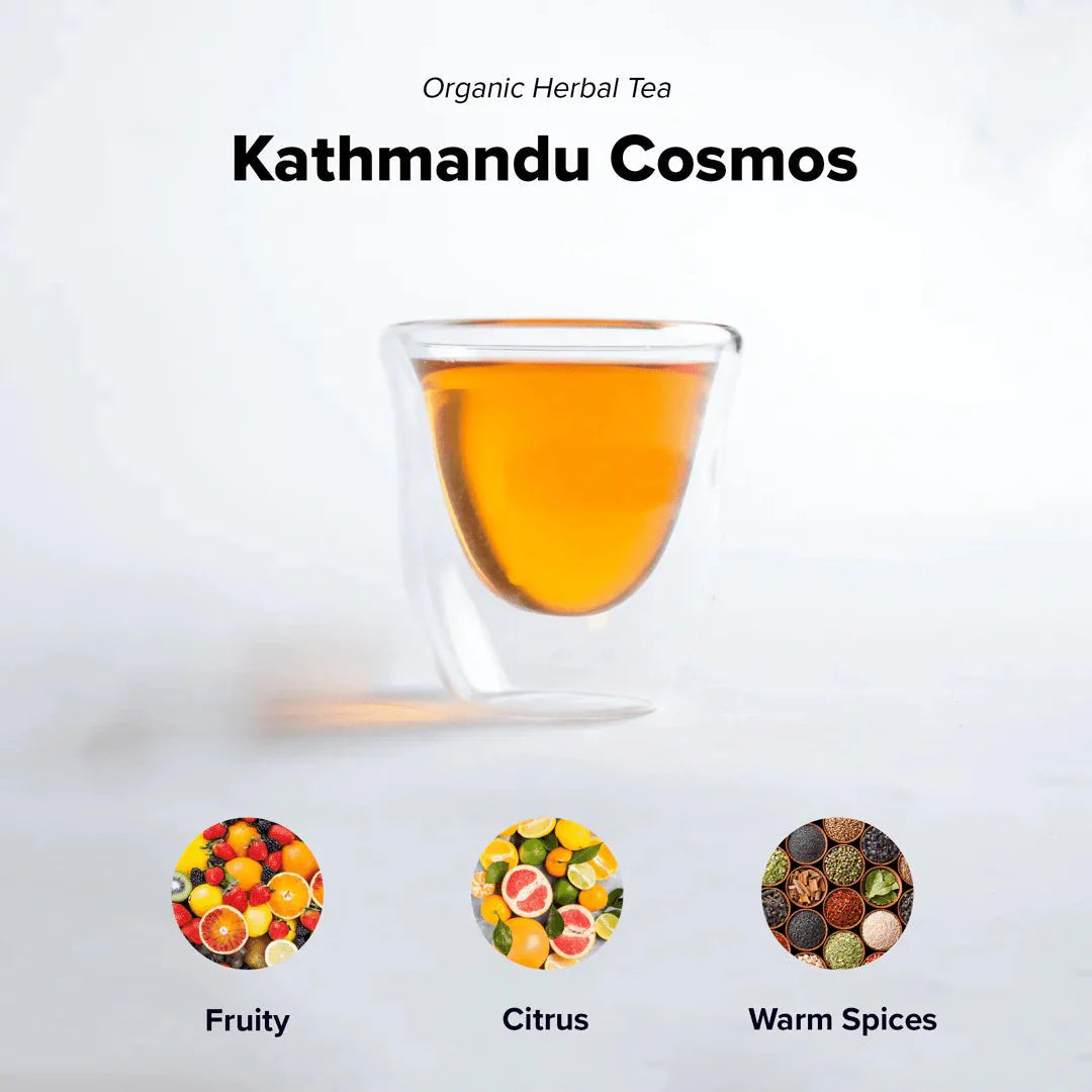 Kathmandu Cosmos (Unique Herbal Chai) - 15 Pyramid Tea Bags by Nepal Tea, displayed in packaging with tea bags visible.