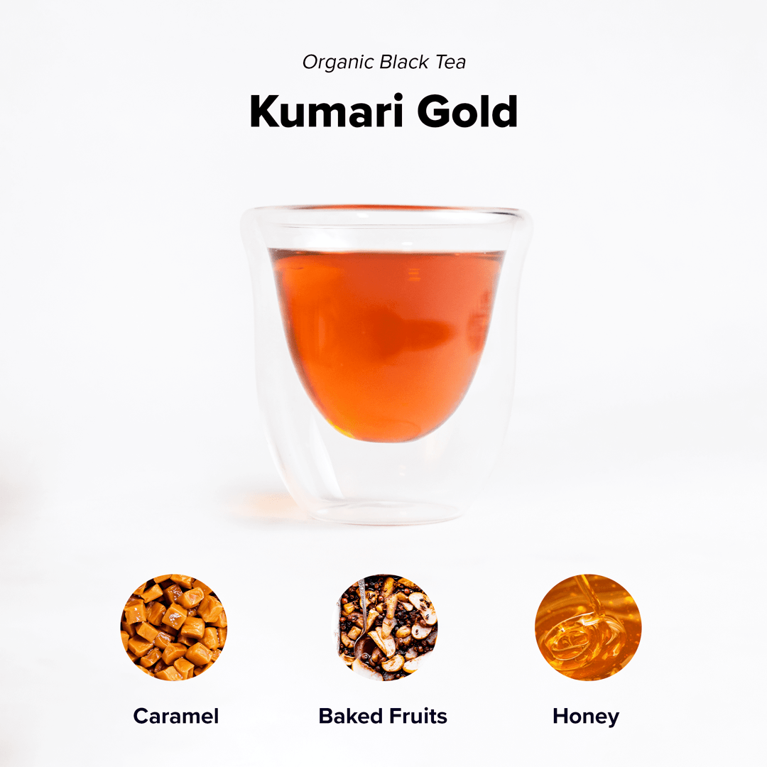 Kumari Gold tea from Nepal Tea, displayed in packaging, with a focus on the product label and design.