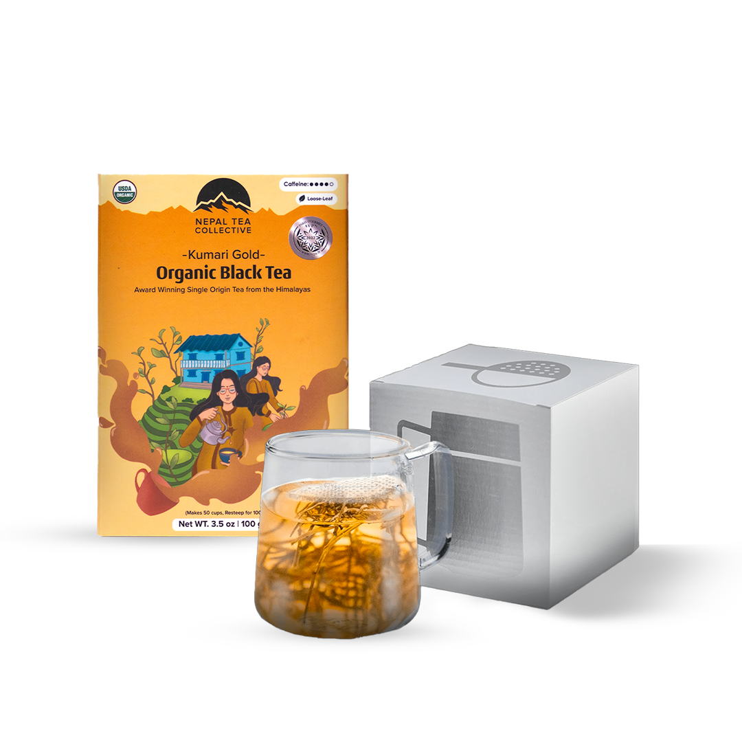The WALL® Tea Infuser Bundle by Nepal Tea featuring a gold-colored infuser and tea accessories