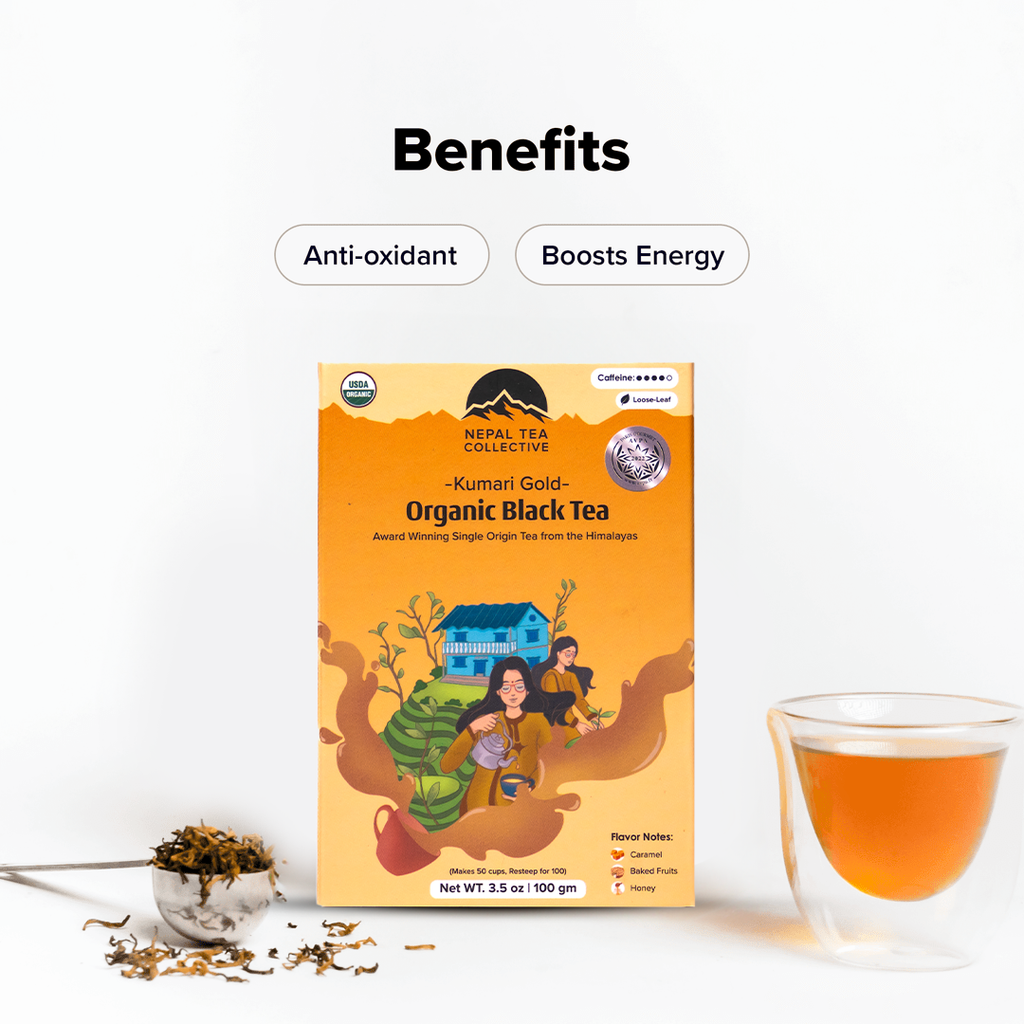 Kumari Gold tea by Nepal Tea, showing the packaging of the tea product in a detailed image