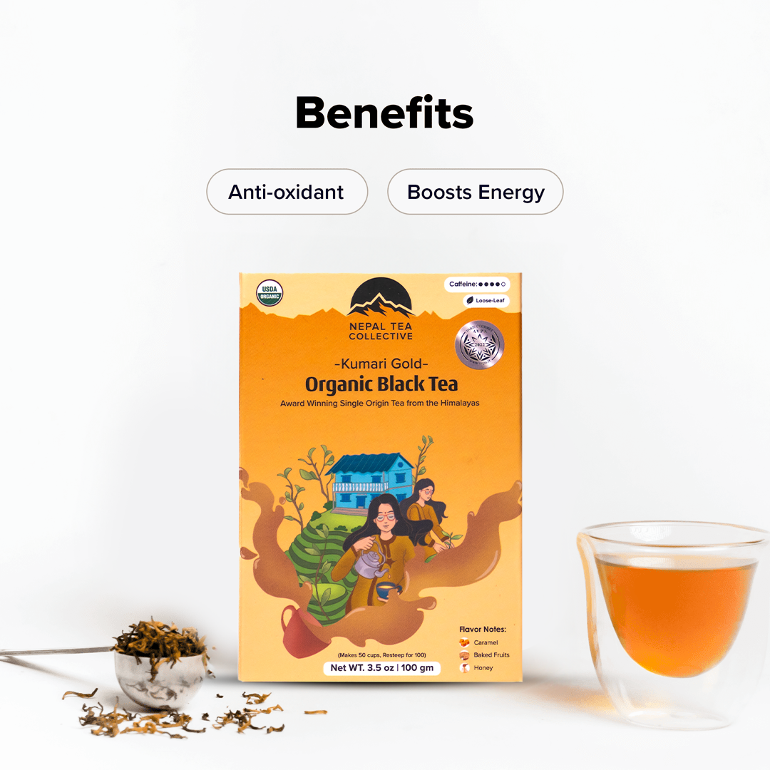 Kumari Gold tea by Nepal Tea, showing the packaging of the tea product in a detailed image